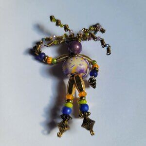 Funky, Folk-art, Bohemian Style Doll-Like Figure Handcrafted Brooch